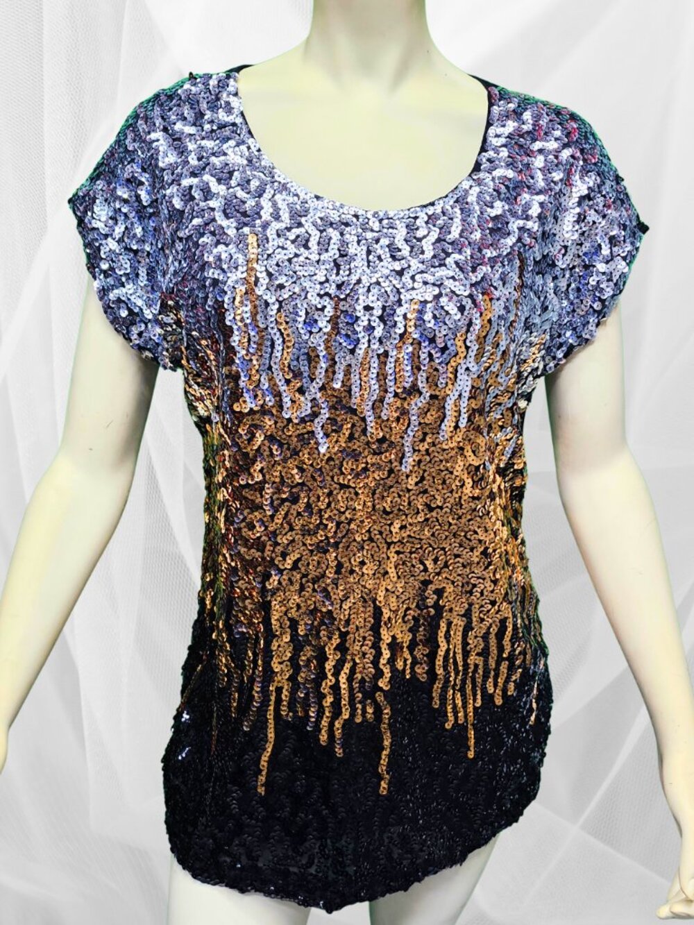 PrettyGuide Ombre Sequin Party Top Silver Gold Black Tunic Blouse